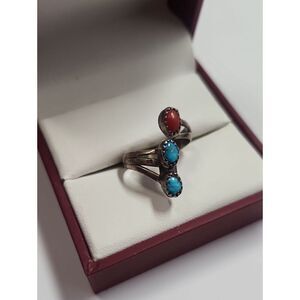 Sterling Silver Three-Stone Turquoise and Coral Ring - Blue & Coral